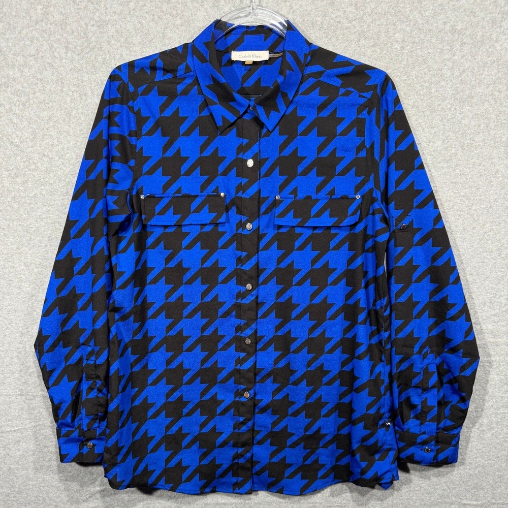 Calvin Klein Shirt Womens Small Button-Up Houndstooth Long Sleeve Blue Black